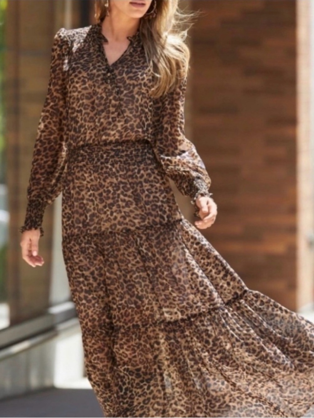 Boston Proper Brown Leopard-Print Tiered Maxi Dress